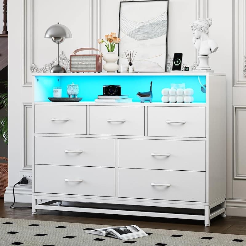 Wooden Long Dresser with Led Lights - White