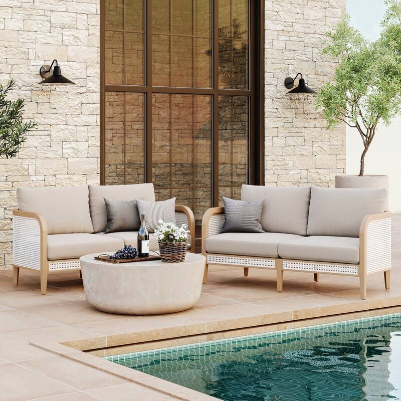Twila Bohemian Outdoor Upholstered Rattan Patio Seating with Solid Wood Frame