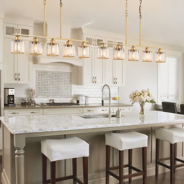 Starsky 5 Light 36in. Modern Glass Crystal Chandelier Cluster Linear Kitchen Island Light with Cylindrical Shade Gold