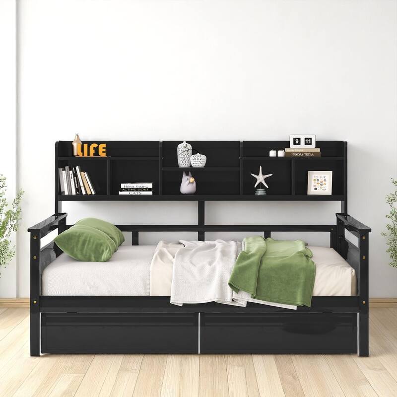 Wooden Twin/Full Daybed with 2 Storage Drawers and Bedside Shelves, No Box Spring Needed, Modern Design