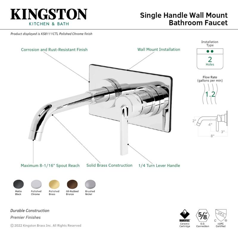 Continental Single-Handle 2-Hole Wall Mount Bathroom Faucet