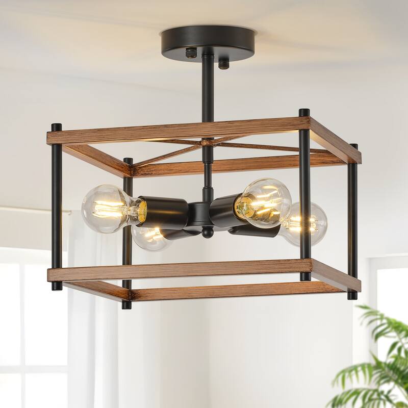 Starsky 4-Light Faux Wood Rectangle Semi Flush Mount - Black - Black