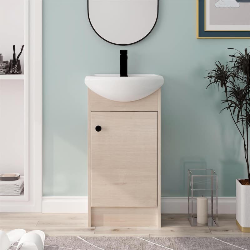 Bathroom Vanity With Sink In 18 Inch, Floating/Freestanding Bathroom Vanity With Soft Close Door - 18.1"W x 14.4"D x 34.6"H - Plain Light Oak
