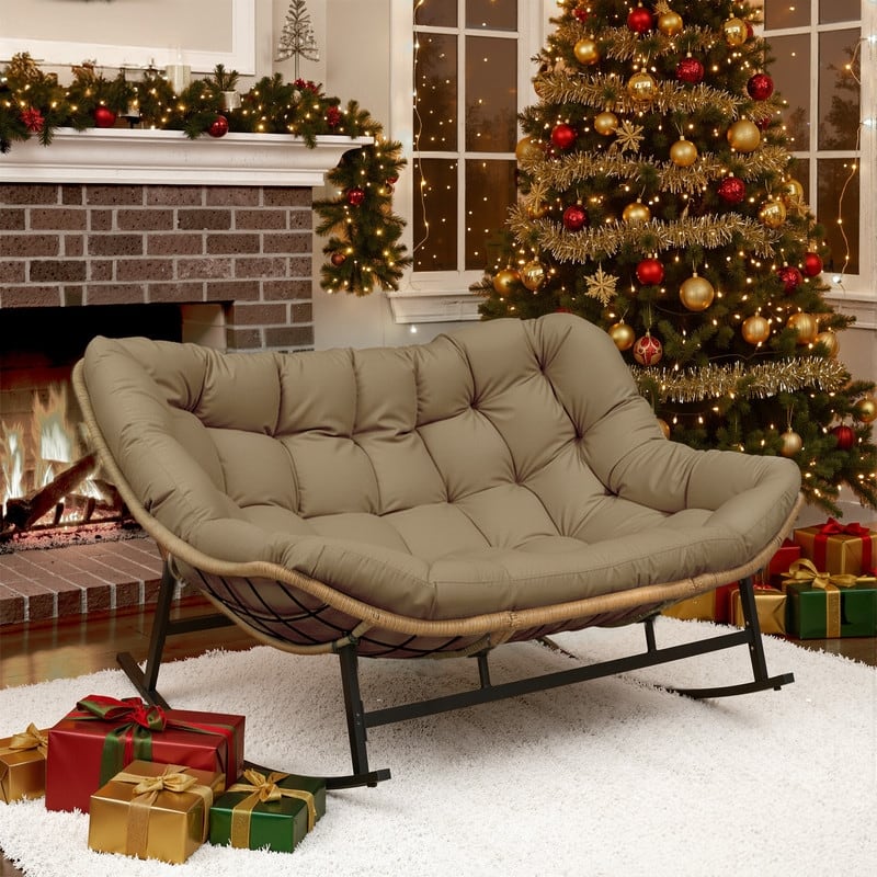 FINCATI Oversized Double Rocking Chair Outdoor Indoor, 40" D x 58" W Double Papasan Rocking Chair with Padded Cushion