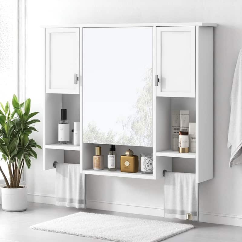 Modern 35" Bathroom Wall Cabinet with Mirror, Triple Doors, Hidden Storage and Towel Bar