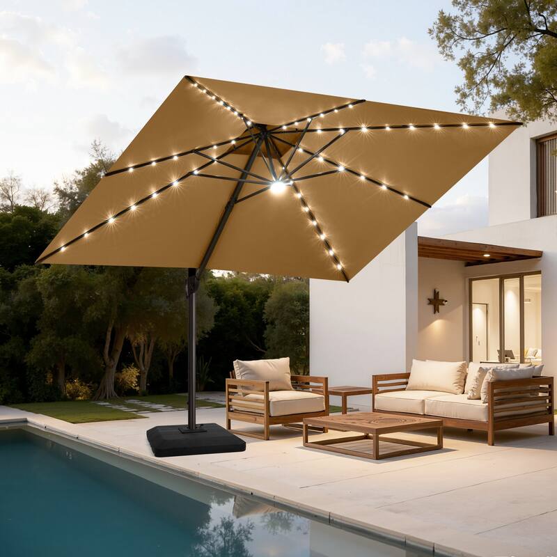 11FT Patio Solar-Powered LED Lights Cantilever Umbrella with Base