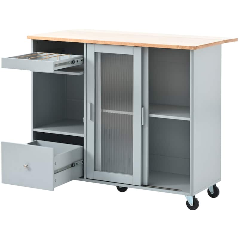Kitchen Island with Drop Leaf, LED Light, Fluted Glass Doors, Adjustable Shelf, Two Drawers, and Wheels