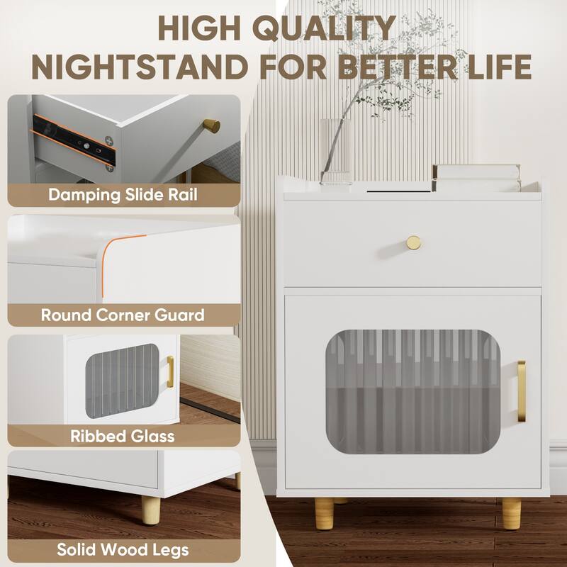White Wooden Nightstand End Table w Drawer and Glass Door for Bedroom
