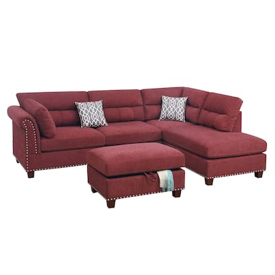 3 Piece Sectional Sofa with Reversible Chaise and Ottoman, Red