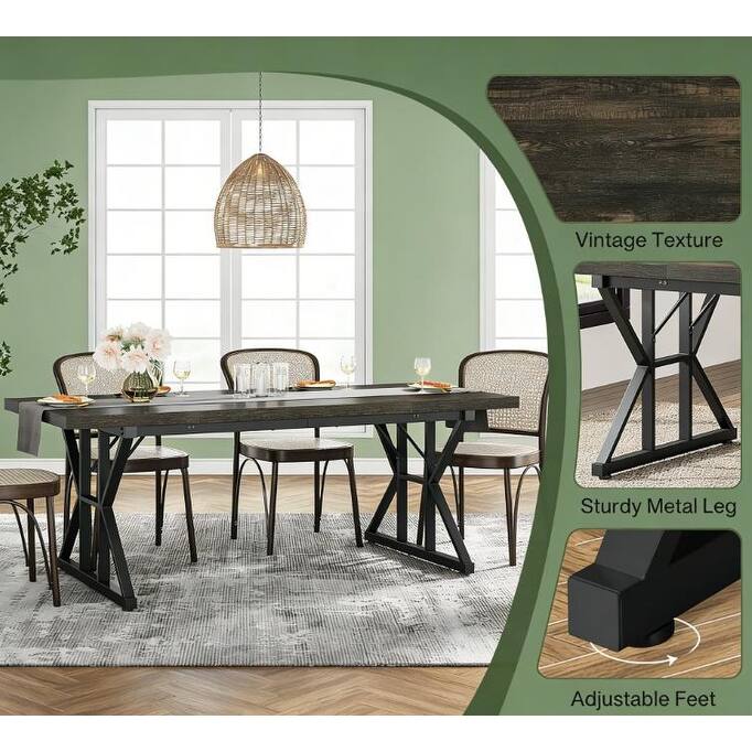 Dining Table for 6, Wood Kitchen Table with Trestle Base, Kitchen Table Meeting Table with X-shaped Accents