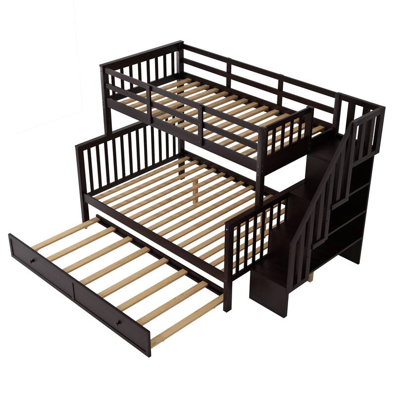 Stairway Twin-Over-Full Bunk Bed with Twin size Trundle, Storage and Guard Rail for Bedroom