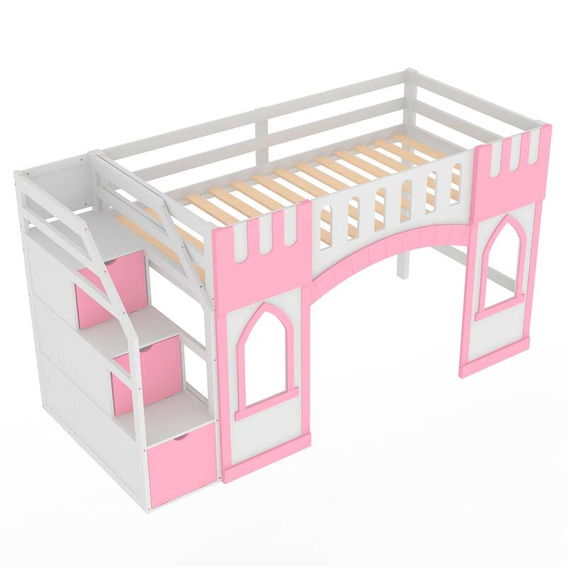 Pink Twin Size Loft Bed with Storage Staircase and Window