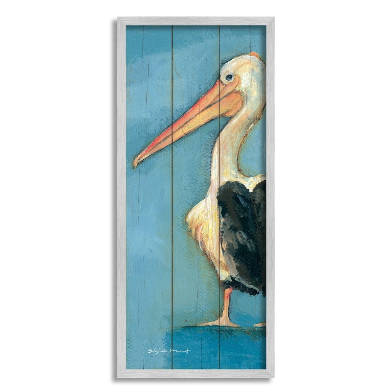 Stupell Pelican Bird Over Blue Planked Pattern Animal Painting Framed Wall Art