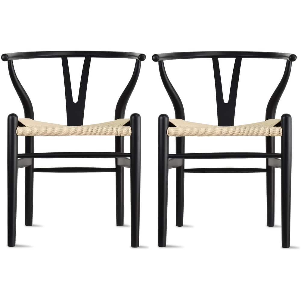Set of 2 Modern Wood Dining Chair With Y Back Arm Armchair Hemp Seat For Home Restaurant Office
