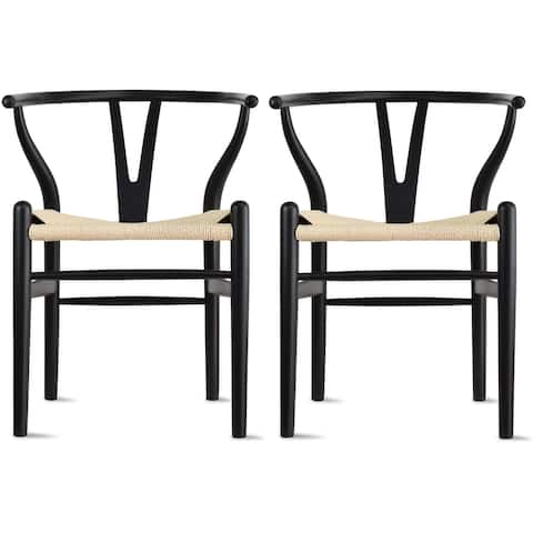 Set of 2 Modern Wood Elbow Chair Y Back For Kitchen Dining Room With Woven Wish Bone Seat Bedroom Restaurant Kitchen