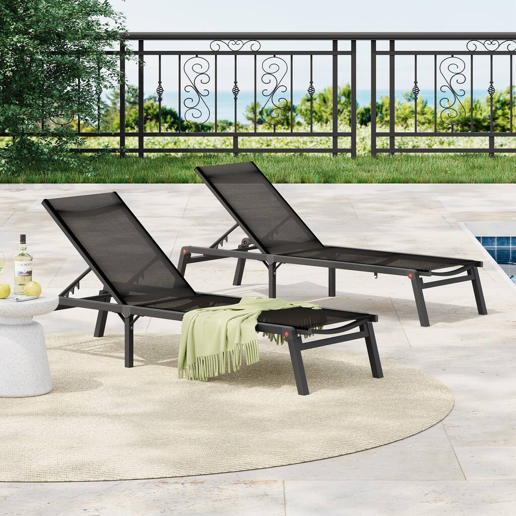 Outdoor Adjustable Chaise Lounge Folding Chair (Set of 2), Heavy-Duty Aluminum Frame Patio Lounge Chaise
