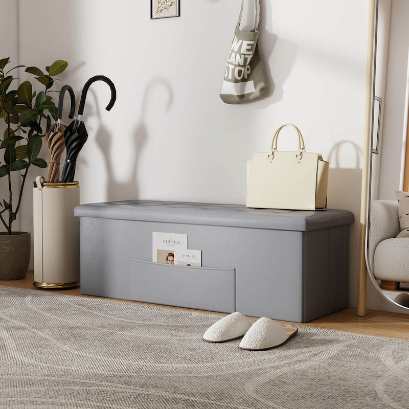 Costway 43 Inches Folding Storage Ottoman Bench with Side Pocket