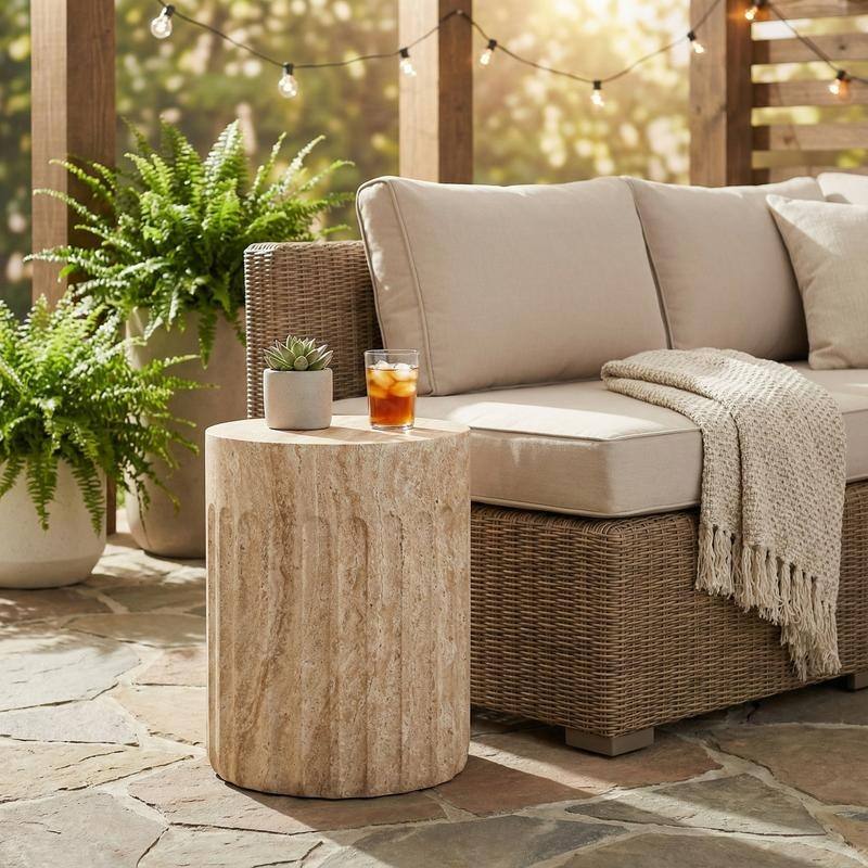 Zenvio Modern Cylindical Marble Side Table with Accent Painted Finish and Vertical Grooves for Living Room, Bedroom or Patio