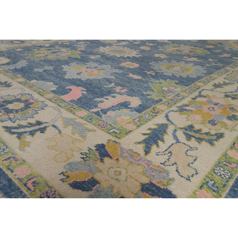 Hand Knotted Oriental 100% Wool Carpet Transitional All-Over Navy Blue & Blues Oushak Area Rug - 11' 10'' X 9' 5''