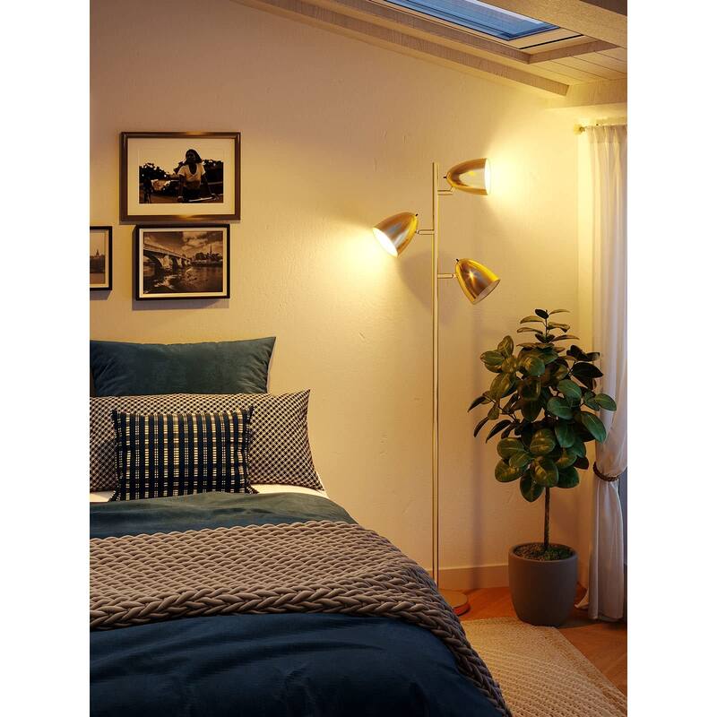 Tree Floor Lamp with 3 Adjustable Rotating Lights and Matching LED Bulbs, Standing Tall Pole Lamps - Gold