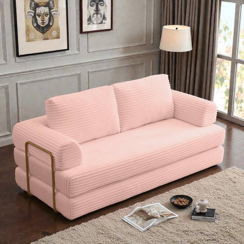 Convertible Sofa Bed Futon, Corduroy Folding Floor Couch with Pillows, Boneless Sleeper Mattress for Living Room