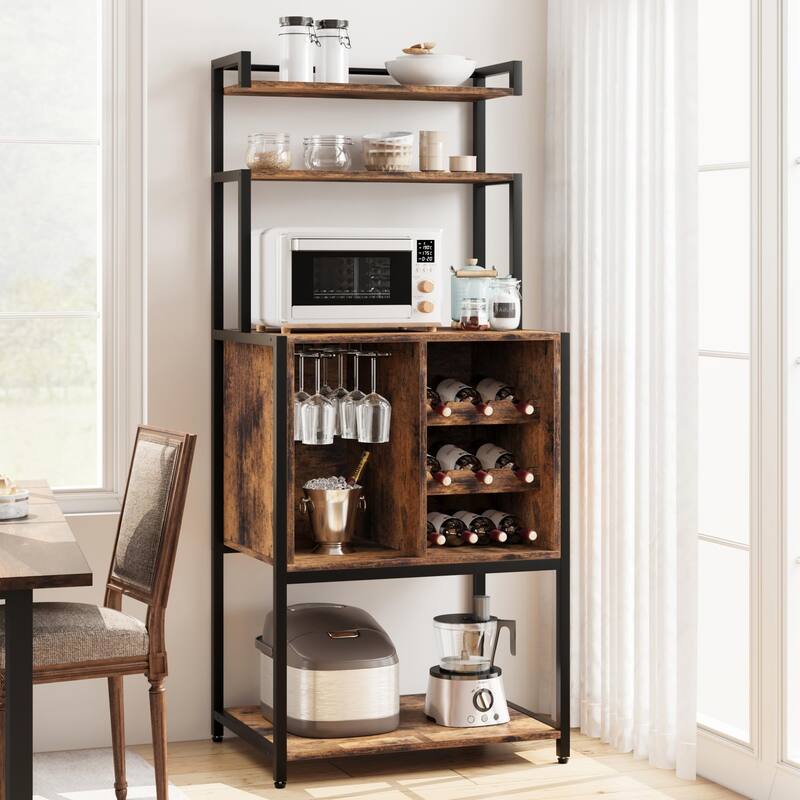 Bakers Rack for Kitchen, Kitchen Microwave Stand with Wine Rack and Glass Holder