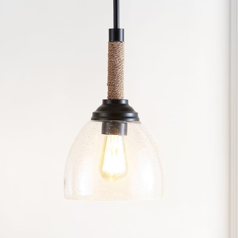 Hampton 7.63" Adjustable Rope-Wrap Modern Rustic Iron/Glass LED Pendant, Black by JONATHAN Y