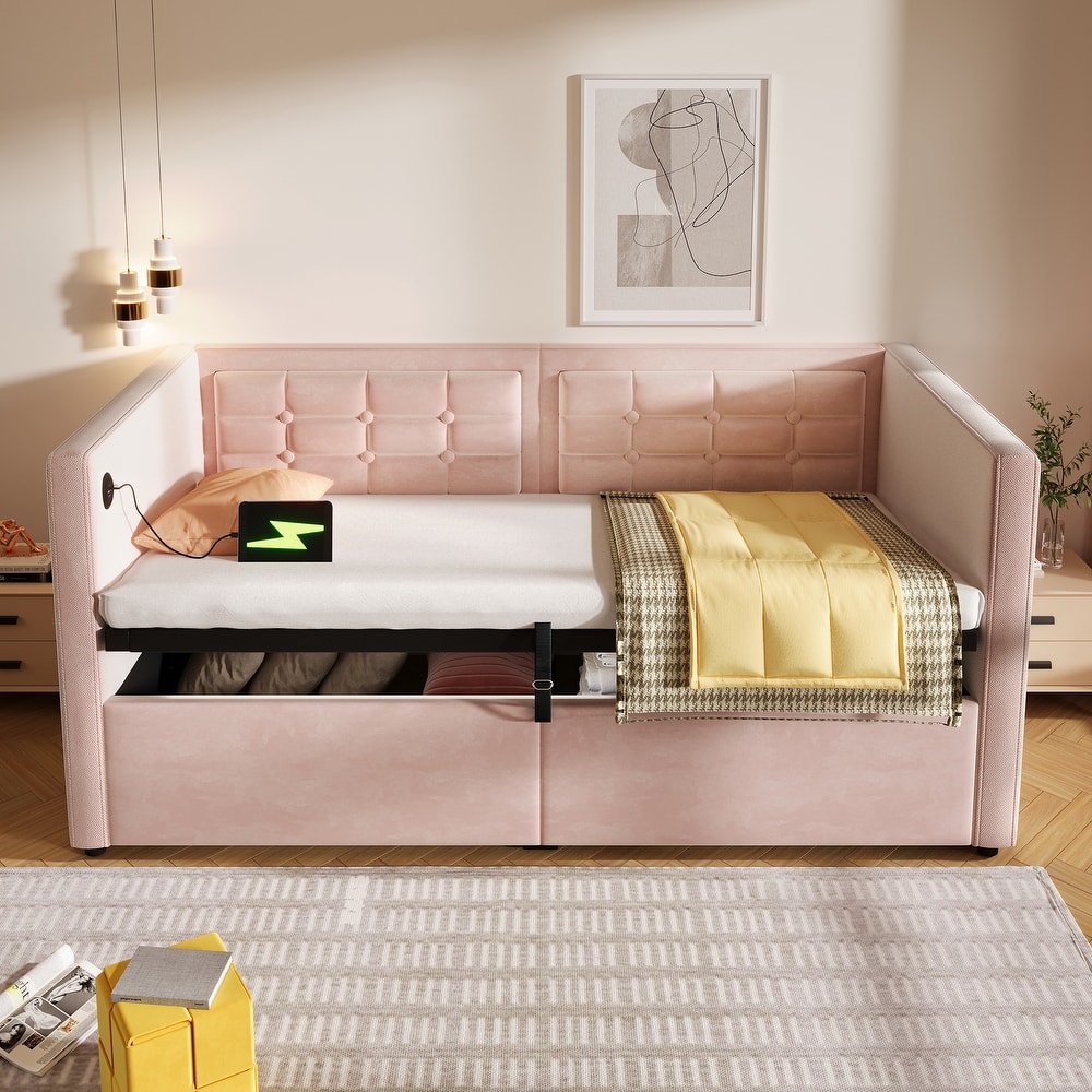 Velvet Tufted Upholstered Daybed Hydraulic Storage Twin Bed Frame with USB & Type-C Charging, Side Pockets and Wooden Slats
