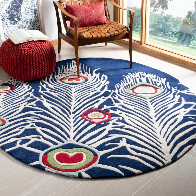 SAFAVIEH Handmade Ciera Feathers Blue New Zealand Wool Rug - 6' Round - Blue/Ivory