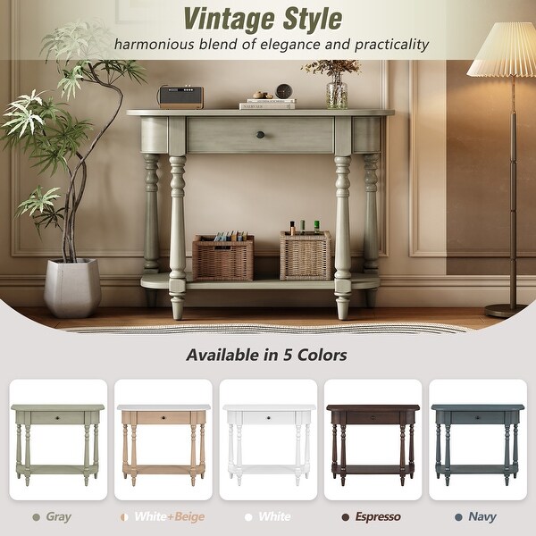 Retro Narrow Console Table with Curved Corner, Top Drawer & Open