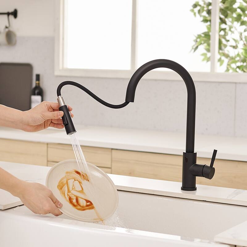 Black Pull Out Touchless Kitchen Faucet with Deck Plate
