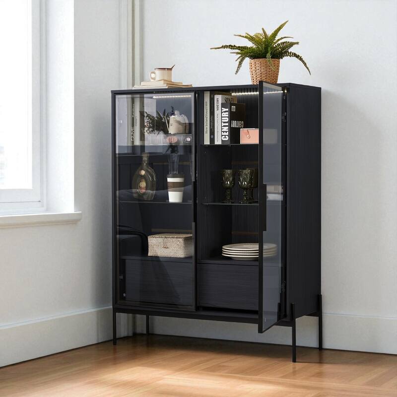 51.2" Modern Display Cabinet with Glass Doors, LED Lighting, Adjustable Shelves and 2 Storage Drawers