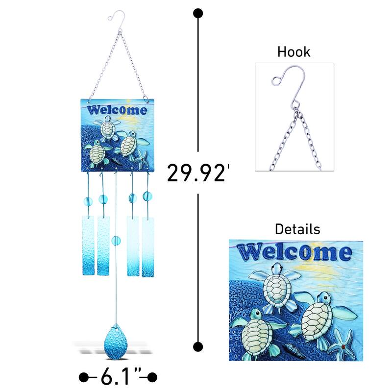 CoTa Global "Welcome Blue Turtle Hanging Sea Glass Wind Chime