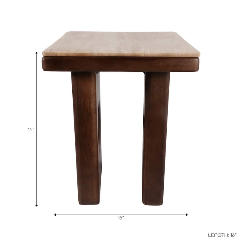 Square Stone Top Accent Side Table with Wood Base - 21", Tan & Brown - 21.0"