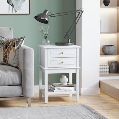 Light Grey MDF Modern End Table with 2 Drawers and Open Shelves - 19" W x 15.75" D x 28.25" H