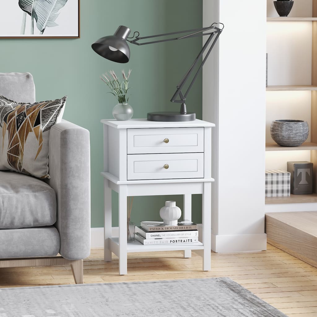 Light Grey MDF Modern End Table with 2 Drawers and Open Shelves - 19" W x 15.75" D x 28.25" H