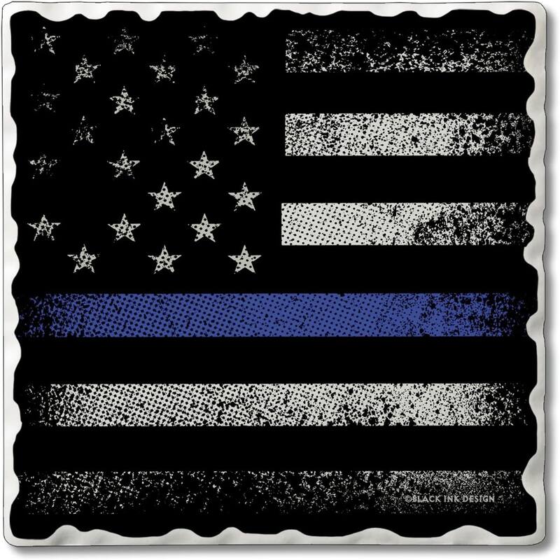 Blue Line Flag Single Image Absorbent Stone Tumbled Tile Coaster with Protective Cork Backing 4 Pack Manufactured in The USA - Multi