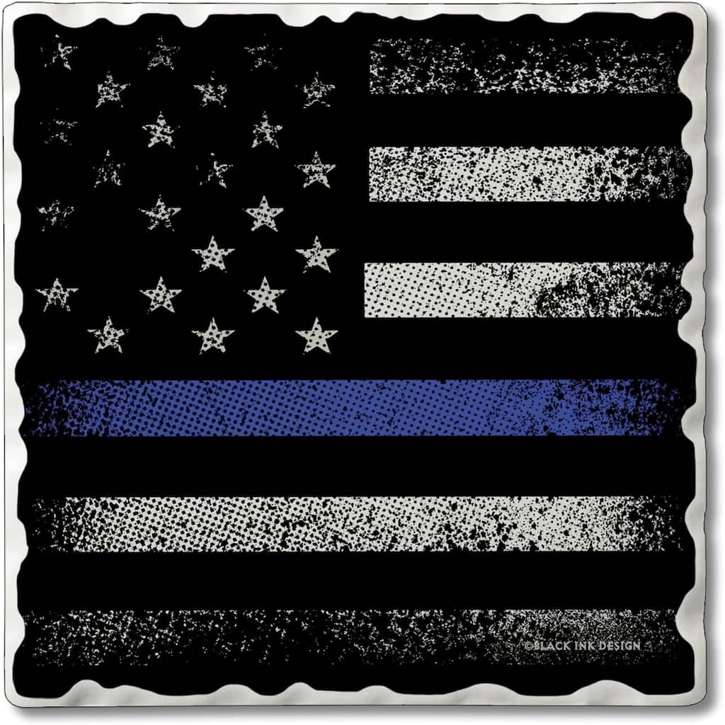 Blue Line Flag Single Image Absorbent Stone Tumbled Tile Coaster with Protective Cork Backing 4 Pack Manufactured in The USA