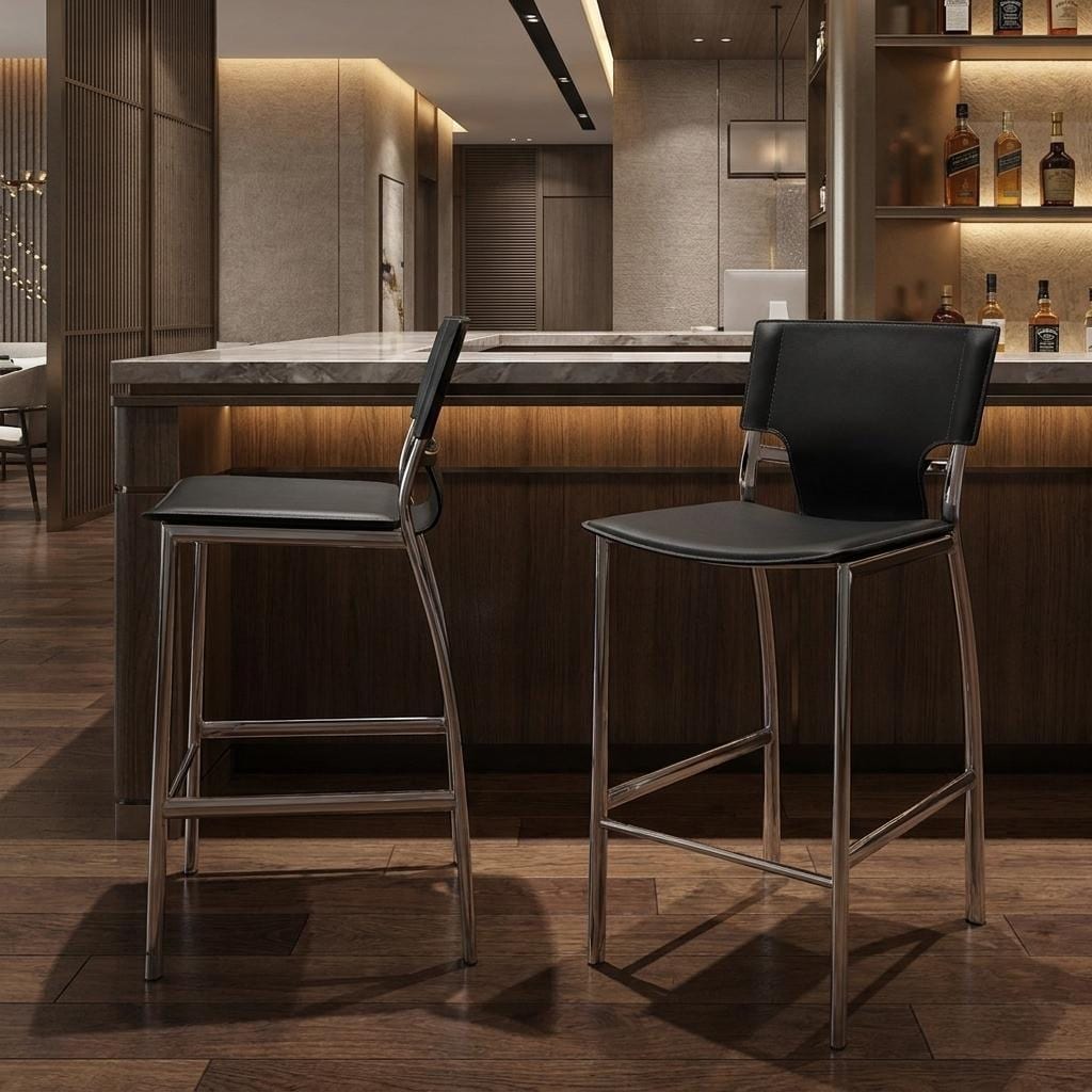HomeRoots Set of Two 29" Black And Silver Faux Leather And Metal Low Back Bar Height Bar Chairs