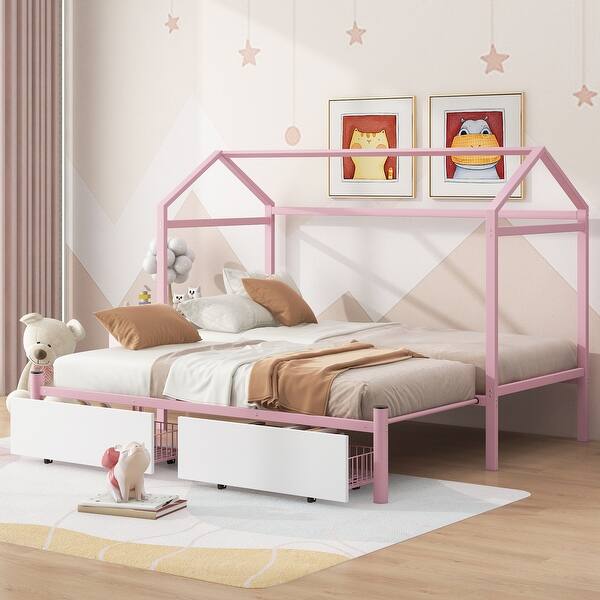 slide 2 of 14, Twin XL to King Metal House Platform Bed Frame with Underneath 2 Drawers and House-shaped Frame for Kids, Teens Pink - King