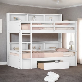 Multi-functional Twin Size Bunk Bed with Built-in Shelves Beside both Upper and Down Bed and Storage Drawer