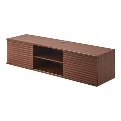 Walnut Particleboard Floating TV Stand with Cable Management, Sliding Doors and 115 lbs Capacity - 60” L x 15.5” W x 14.5” H