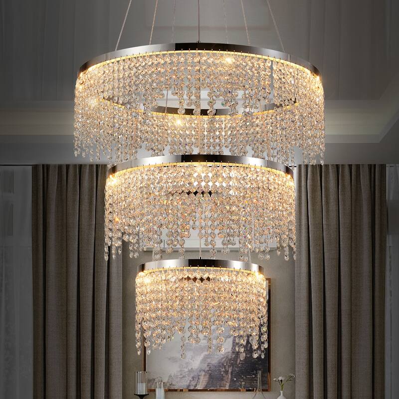24-inch Crystal Chandelier LED Ceiling Lamp, Adjustable Color Temperature 3000K/4000K/6000K, Height Adjustable - Chrome