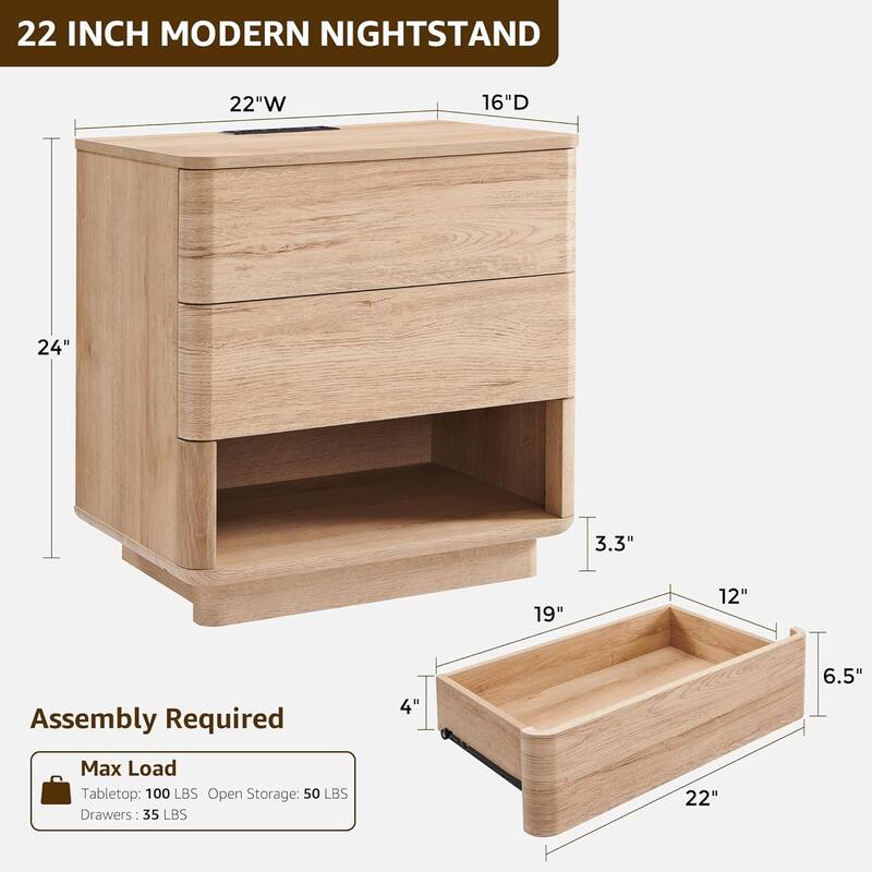 Modern Nightstand With Charging Station, Wooden Side Table, End Table