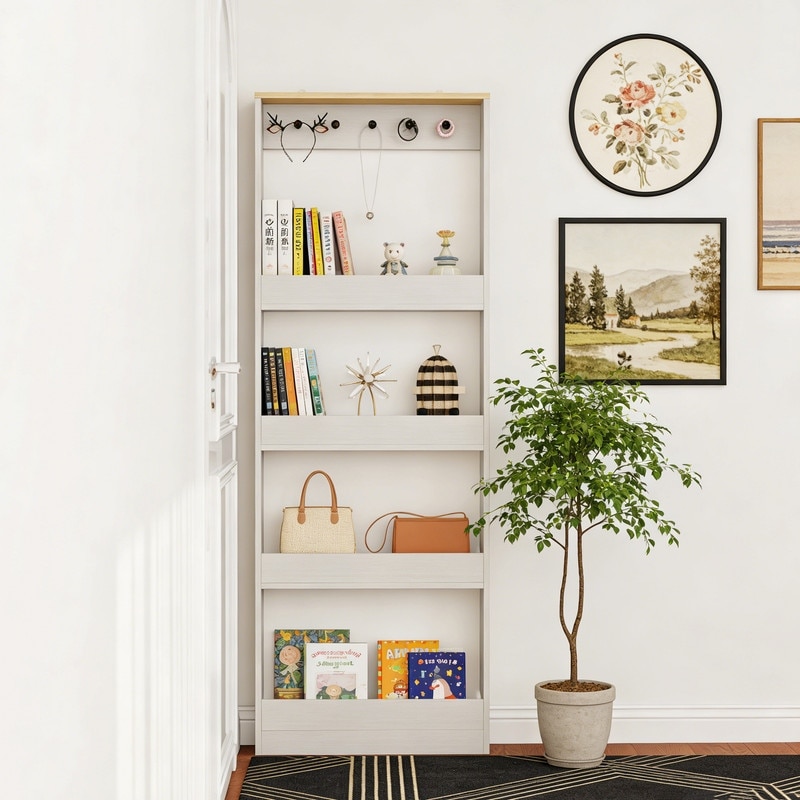 69" Bookcase with 4 Shelves and 5 hooks, Space-Saving Narrow storage cabinet for Living Room, Children's Room -Antique White