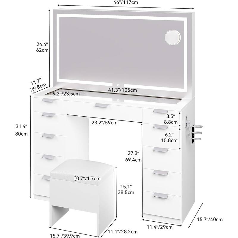 46''Makeup Vanity 11 Drawers Glass Top Vanity