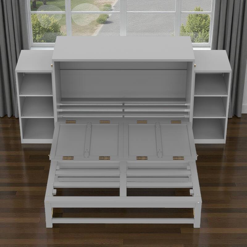 Full/Queen Size Murphy Bed with Storage Drawers and Shelves, Space-Saving Foldable Wall Bed for Guest Room