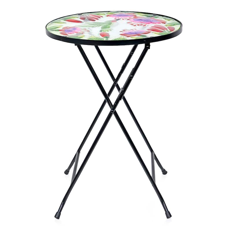 14" Folding Glass Round Table with Flowers and Hummingbirds