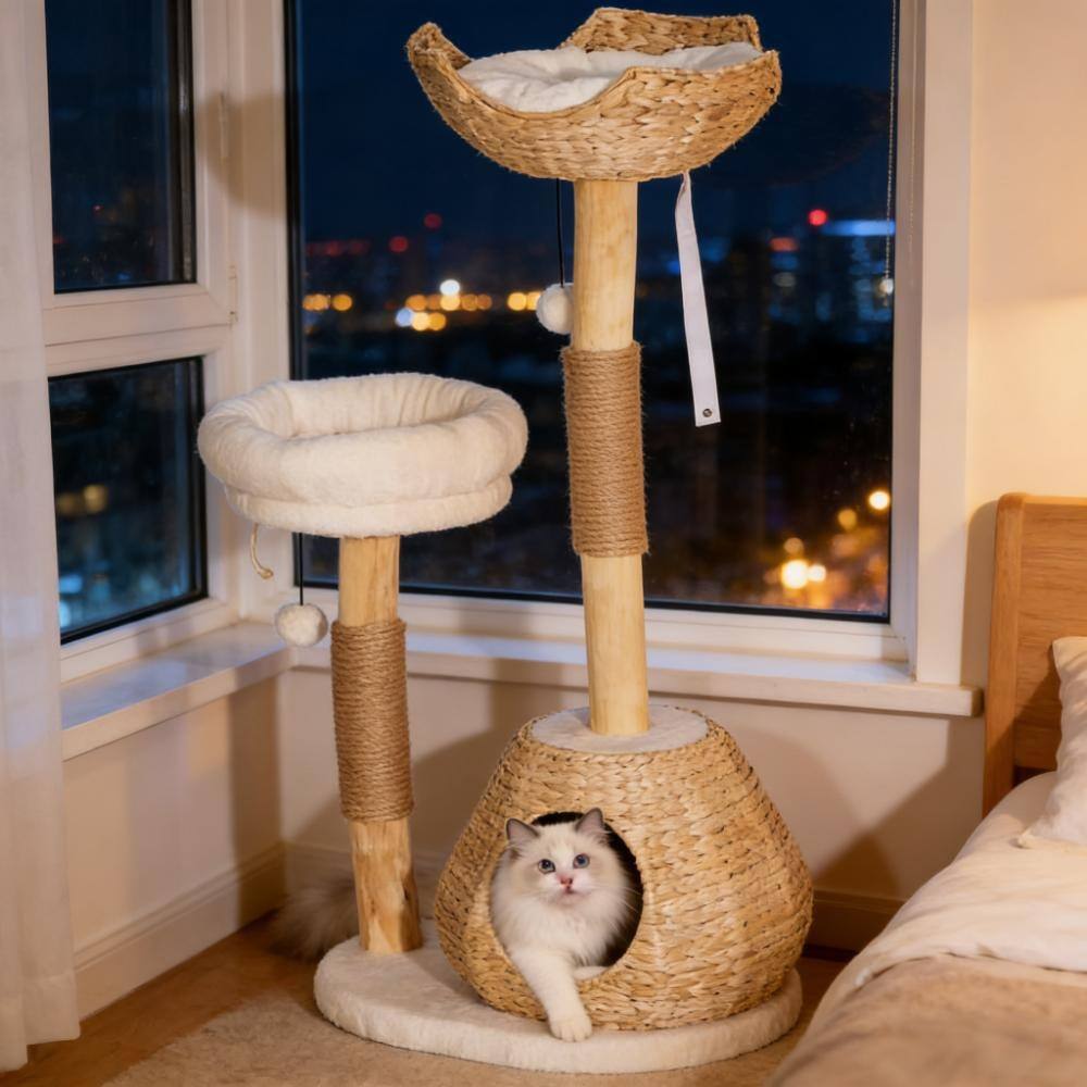 Cat Tree,Cat Tree for Indoor Cats with Wooden Cat Scratching Posts Soft and plush while featuring double cushions