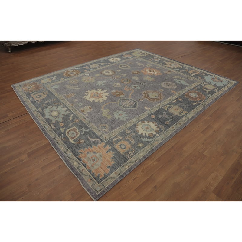 Vegetable Dye Wool Oushak Turkish Area Rug, Floral Geometric Carpet - 9' 9'' X 8' 0''